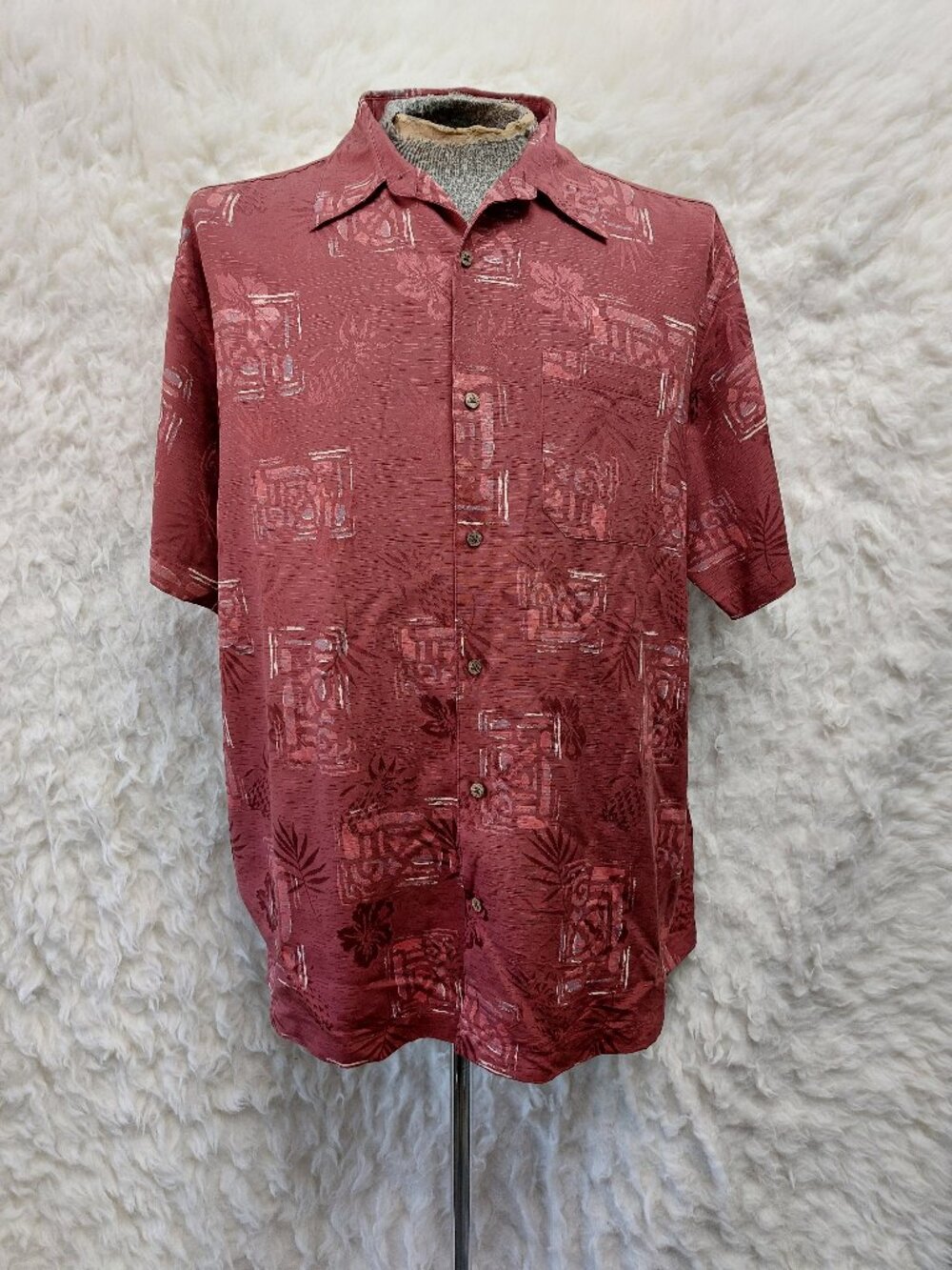 Vintage Bill Blass Mens 100% Silk Burgundy Red Button Up Hawaiian Shirt L